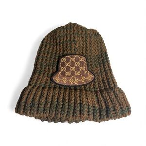 Hand Knitted Brown and Green Knit Beanie with Luxury Patch